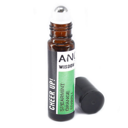 Cheer Up Essential Oil Blend Roll-On – 10ML, frasco roll-on ámbar 10 ml con etiqueta spearmint, orange y neroli