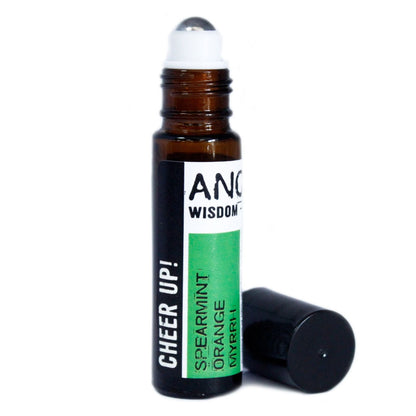 Cheer Up Essential Oil Blend Roll-On – 10ML frasco ámbar roll-on con tapa negra, mezcla de aceites Mentha Spicata y Citrus Sinensis