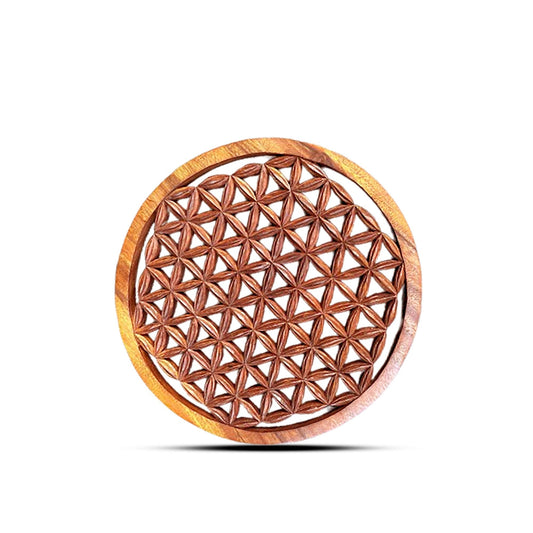 Chic Wooden Flower of Life Panel – 30 CM, panel decorativo de madera tallada con diseño Flower of Life, hecho en Indonesia