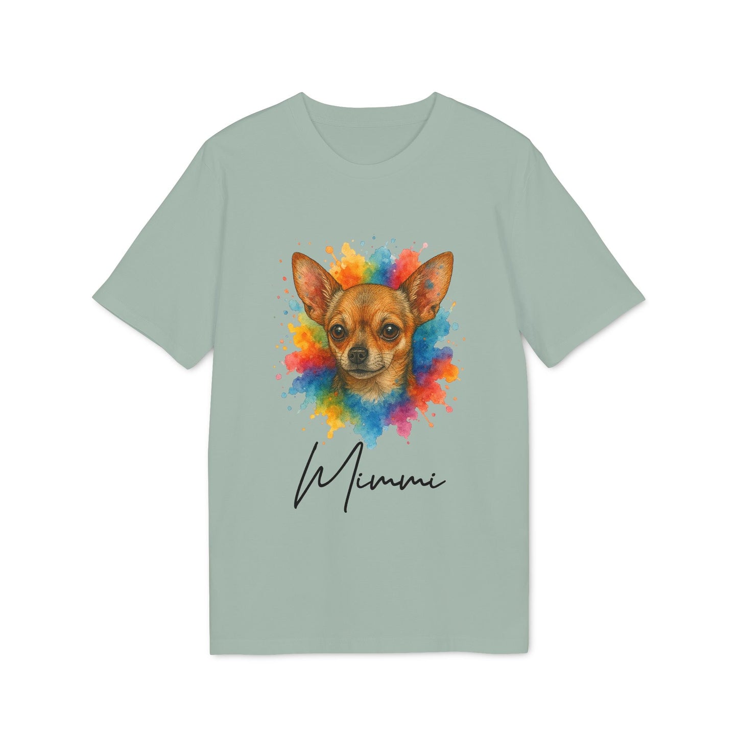 Chihuahua Lover Personalized Dog Sustainable Unisex Tee with colorful chihuahua portrait graphic and custom name text on light green shirt