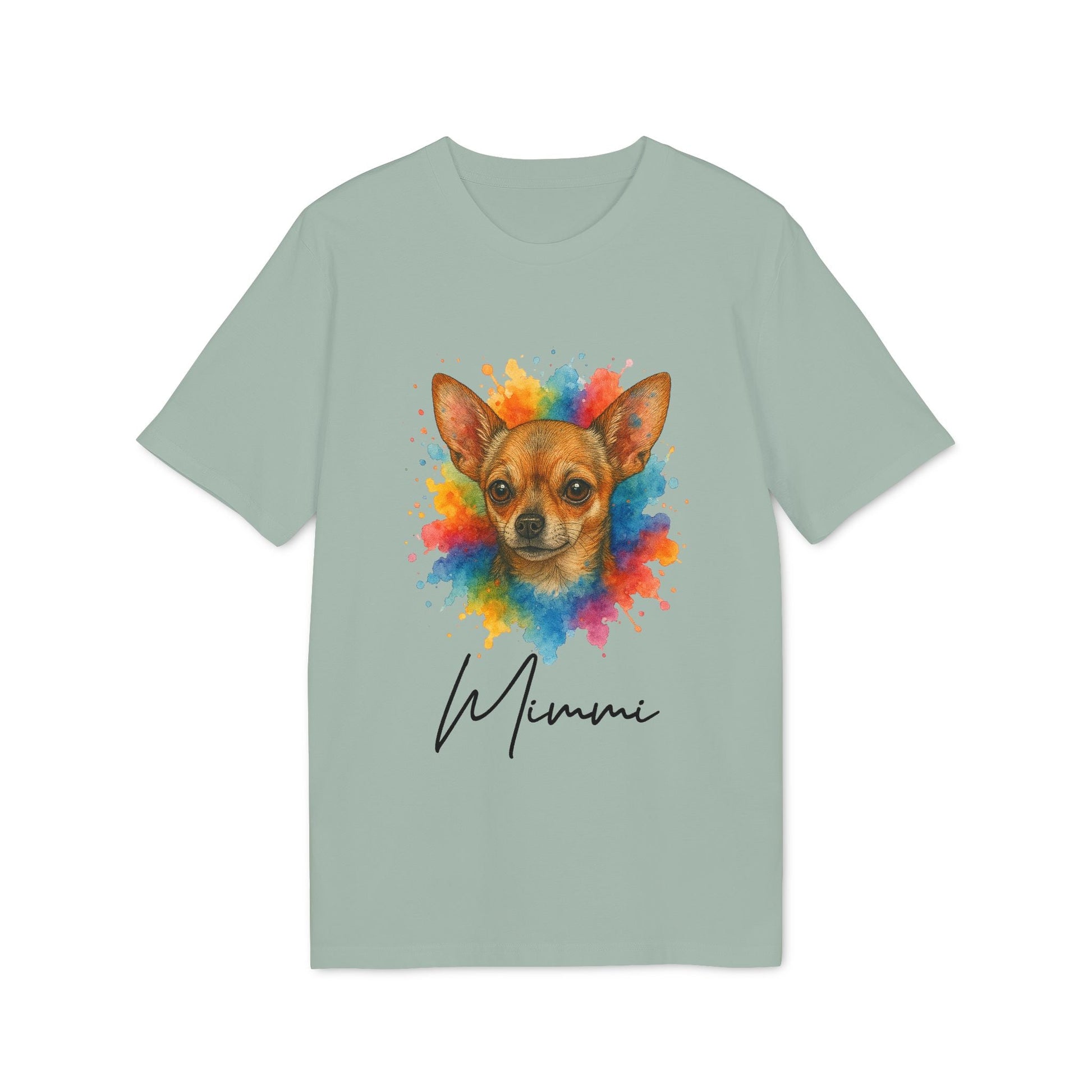 Chihuahua Lover Personalized Dog Sustainable Unisex Tee with colorful chihuahua portrait graphic and custom name text on light green shirt