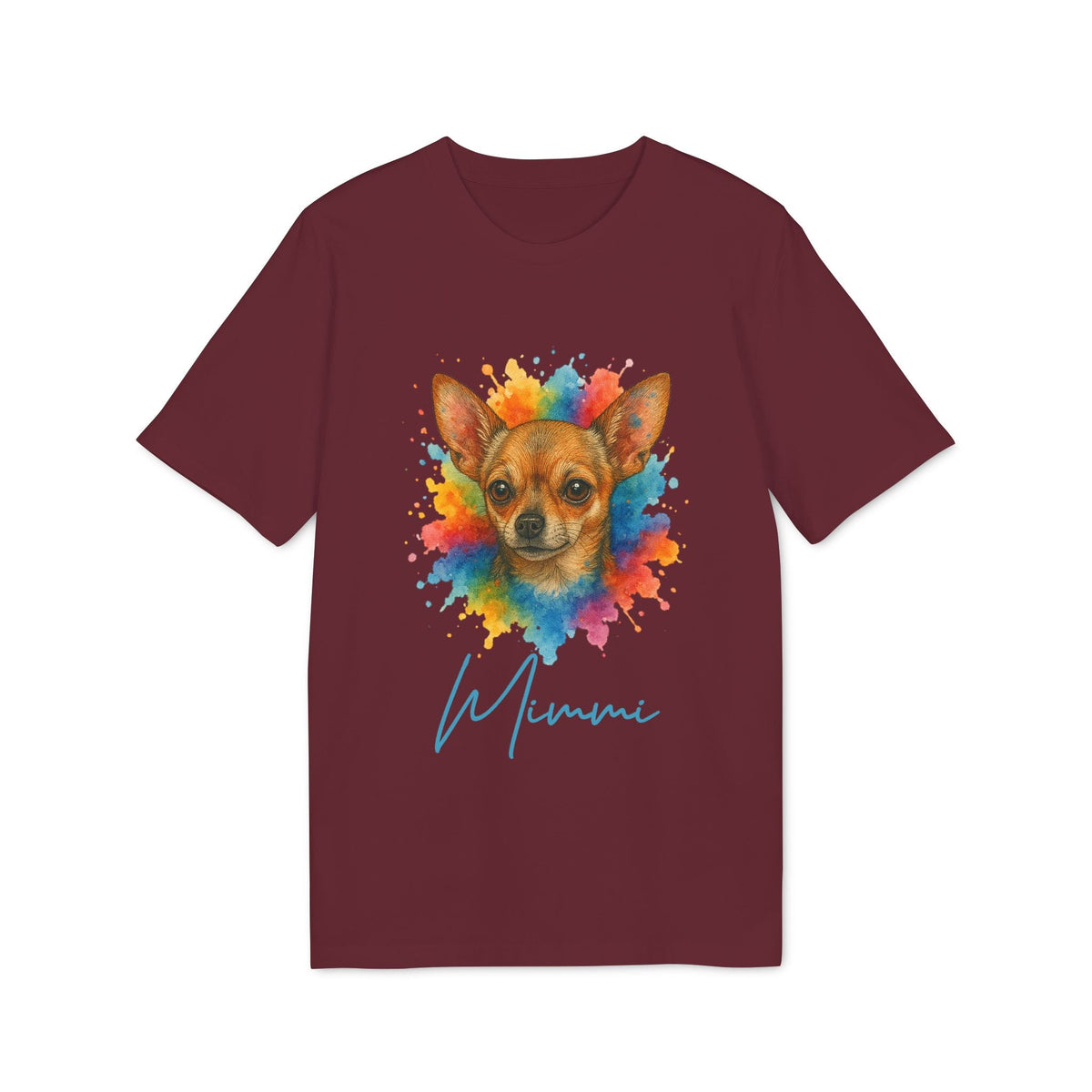 Alt Tag: Chihuahua Lover Personalized Dog Sustainable Unisex Tee burgundy t-shirt with colorful Chihuahua splash graphic and name “Mimmi”
