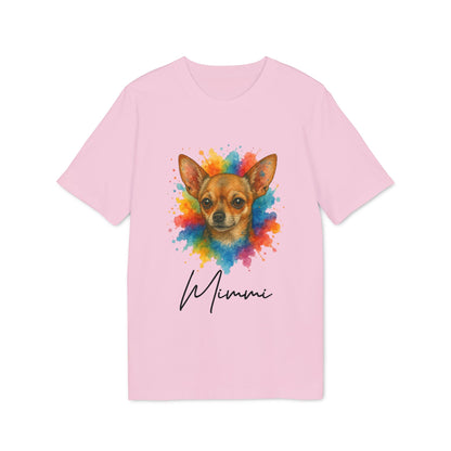 Chihuahua Lover Personalized Dog Sustainable Unisex Tee rosa con ilustración de Chihuahua estilo acuarela y nombre personalizado “Mimmi”