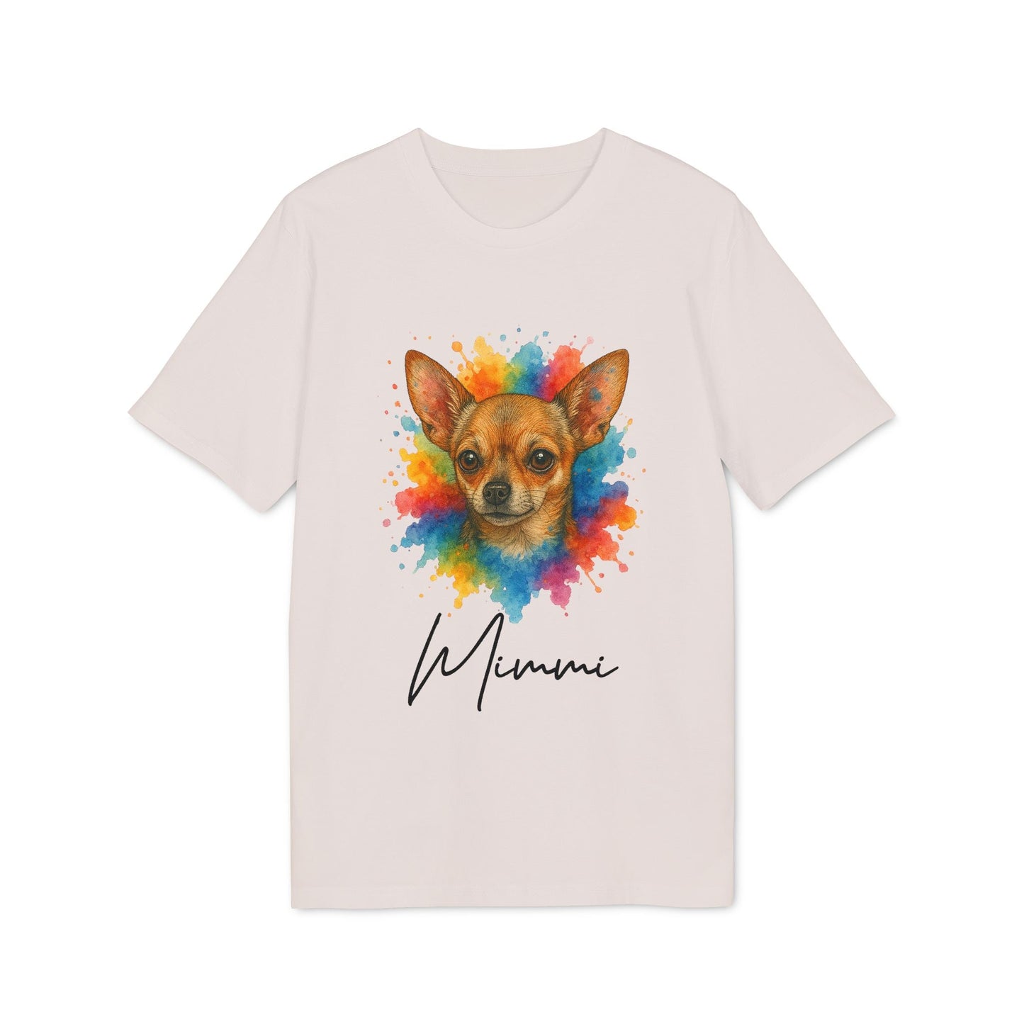Chihuahua Lover Personalized Dog Sustainable Unisex Tee with colorful Chihuahua portrait and custom name "Mimi" graphic