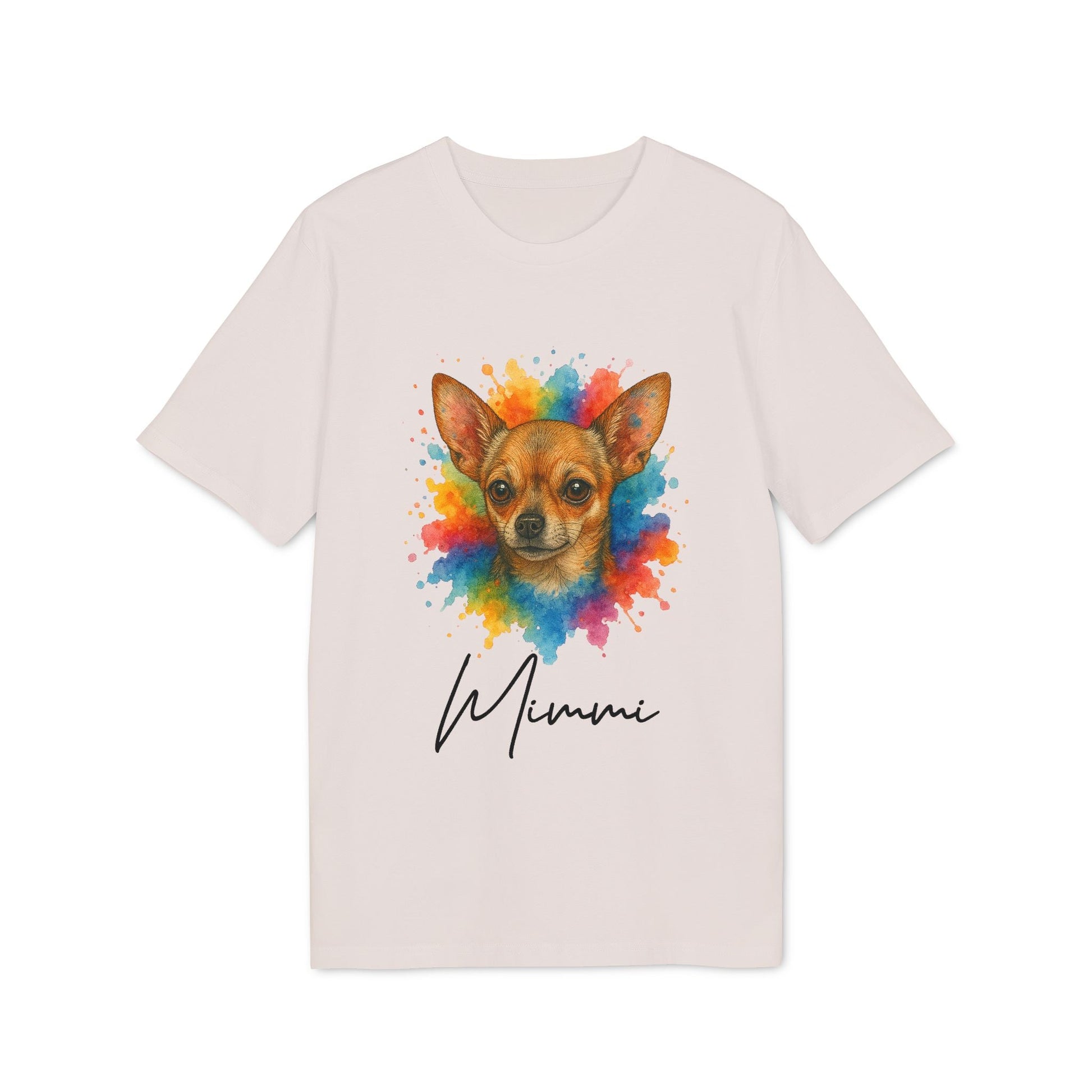 Chihuahua Lover Personalized Dog Sustainable Unisex Tee with colorful Chihuahua portrait and custom name "Mimi" graphic