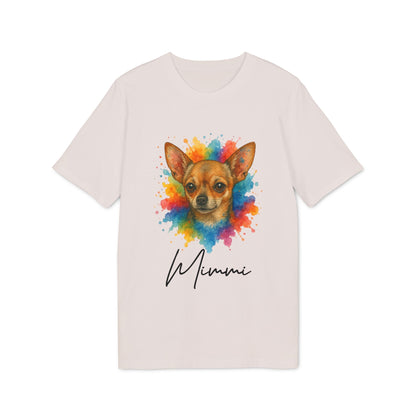 Chihuahua Lover Personalized Dog Sustainable Unisex Tee with colorful Chihuahua portrait and custom name "Mimi" graphic