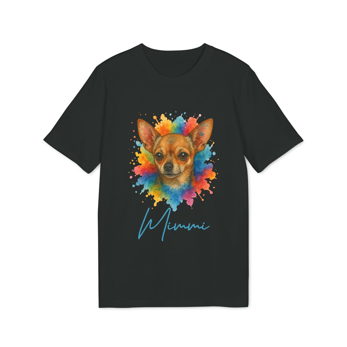 Alt Tag: Chihuahua Lover Personalized Dog Sustainable Unisex Tee black t-shirt with colorful Chihuahua portrait and personalized name 