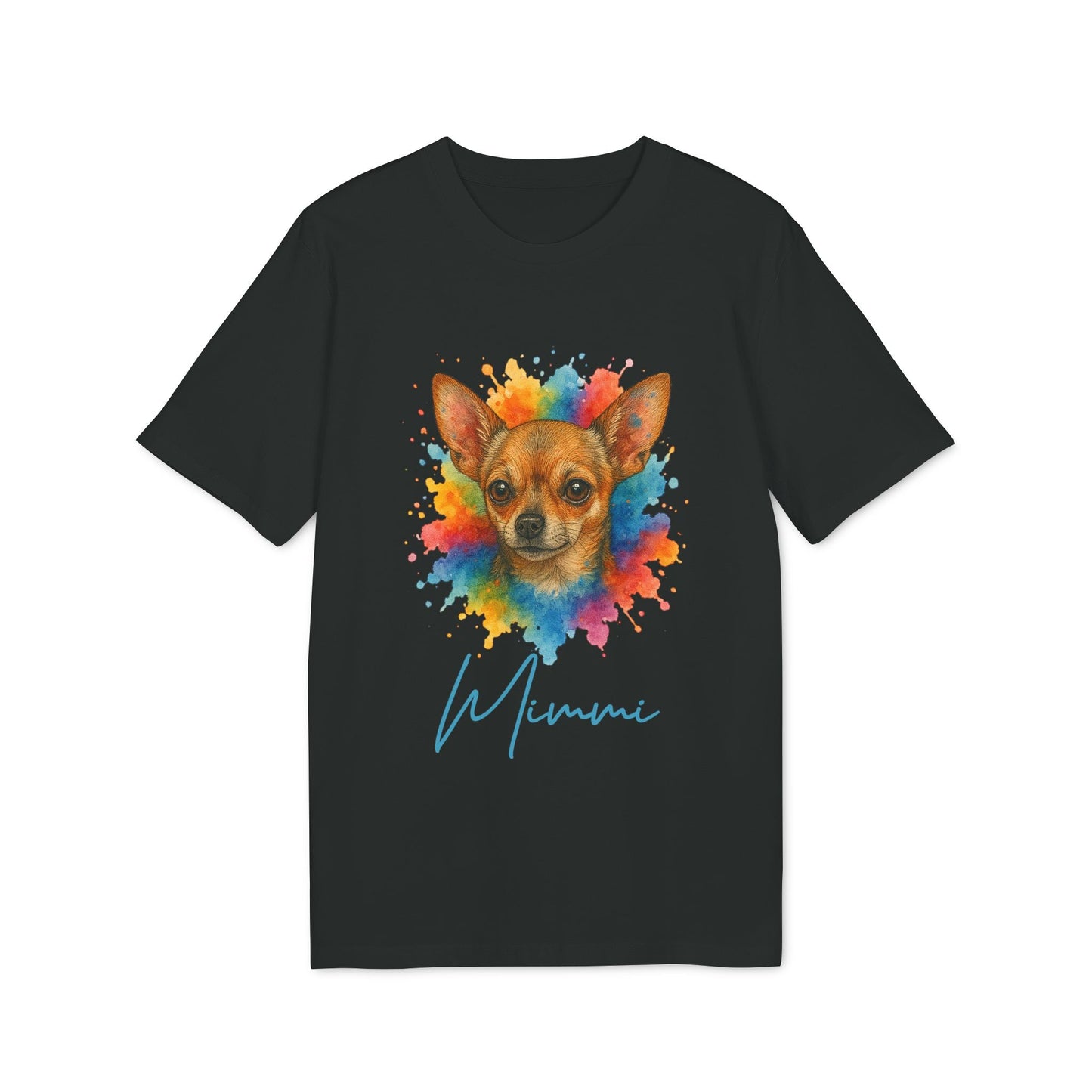 Alt Tag: Chihuahua Lover Personalized Dog Sustainable Unisex Tee black t-shirt with colorful Chihuahua portrait and personalized name "Mimmi"