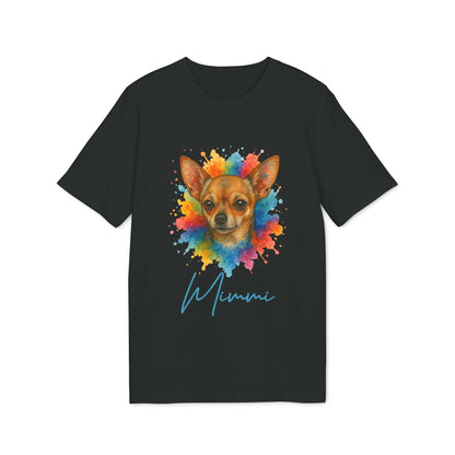 Alt Tag: Chihuahua Lover Personalized Dog Sustainable Unisex Tee black t-shirt with colorful Chihuahua portrait and personalized name "Mimmi"