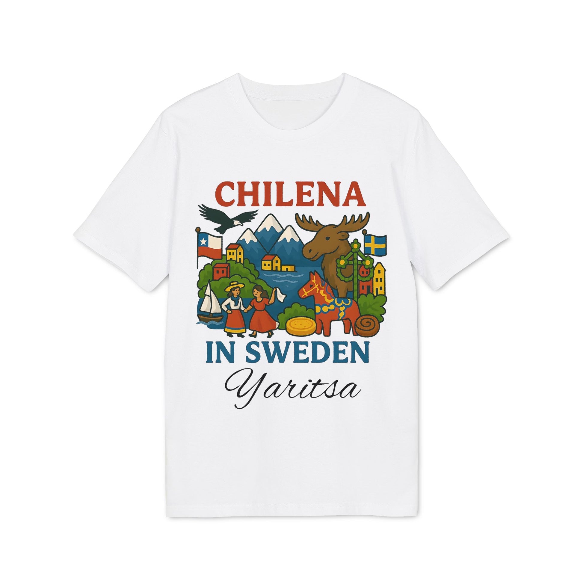 Chilena Sweden Personalized With Name 100% Organic Cotton T-Shirt white tee “Chilena in Sweden” graphic with custom name Yaritsa
