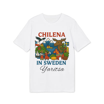 Chilena Sweden Personalized With Name 100% Organic Cotton T-Shirt white tee “Chilena in Sweden” graphic with custom name Yaritsa