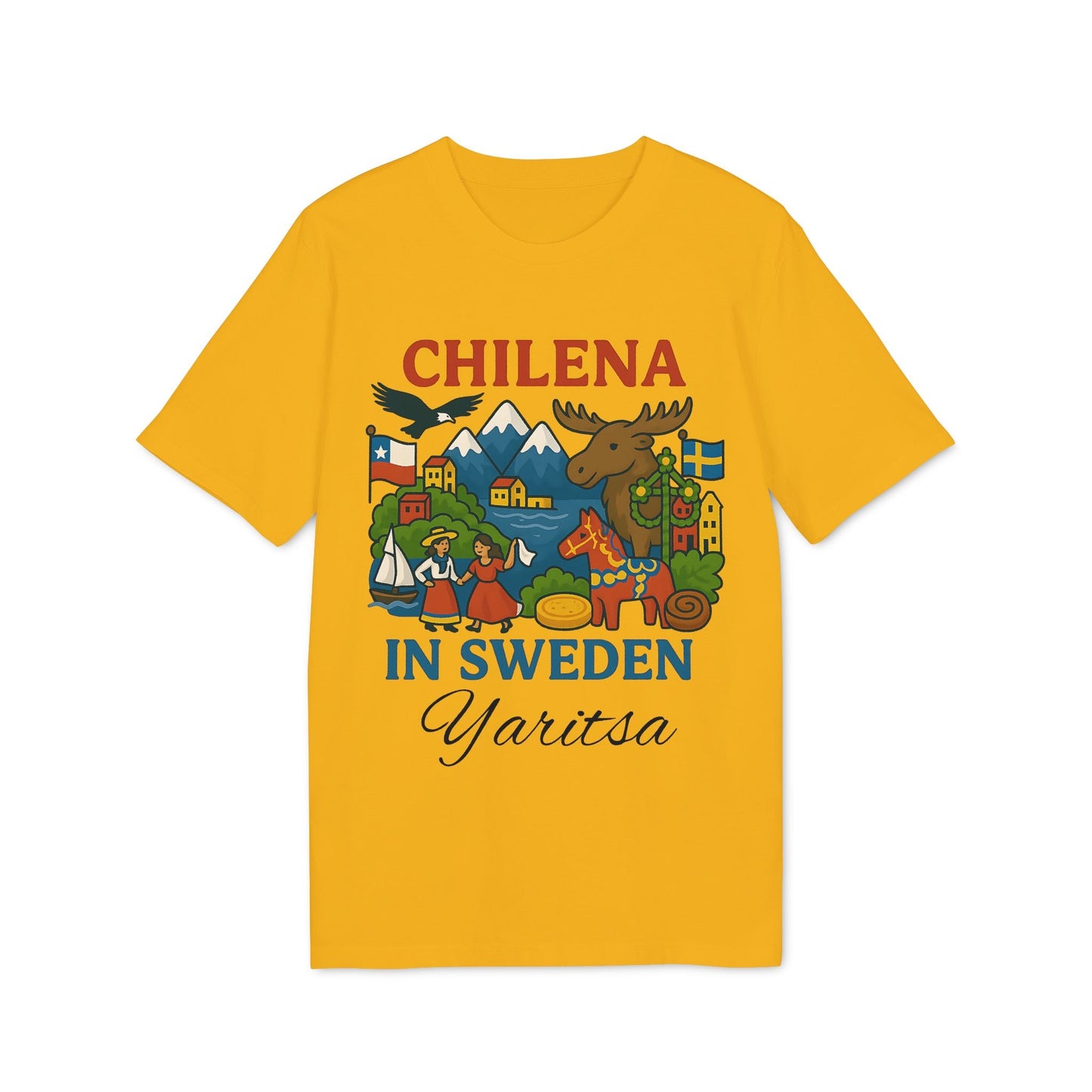 Chilena Sweden Personalized With Name 100% Organic Cotton T-Shirt yellow tee with Chilena in Sweden graphic and custom name
