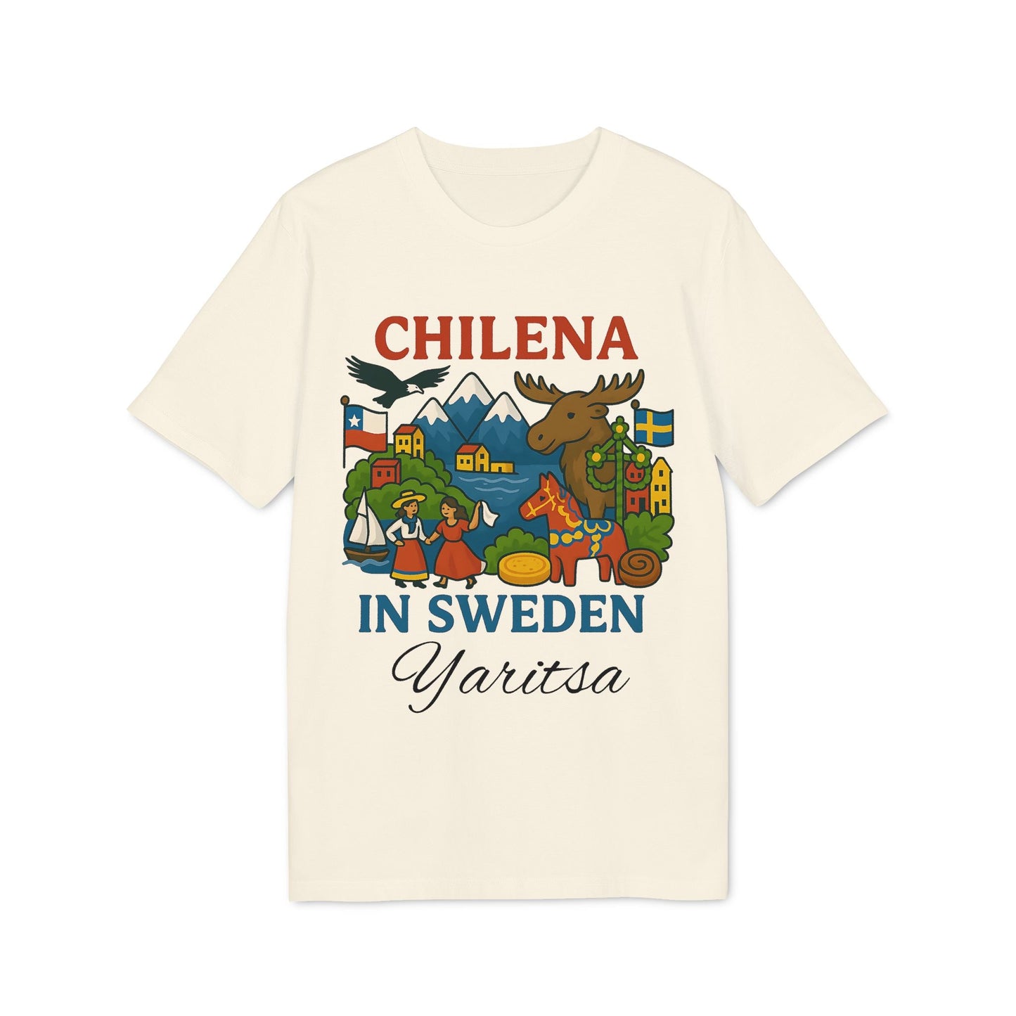 Chilena Sweden Personalized With Name 100% Organic Cotton T-Shirt with “Chilena in Sweden” graphic and custom name Yaritsa