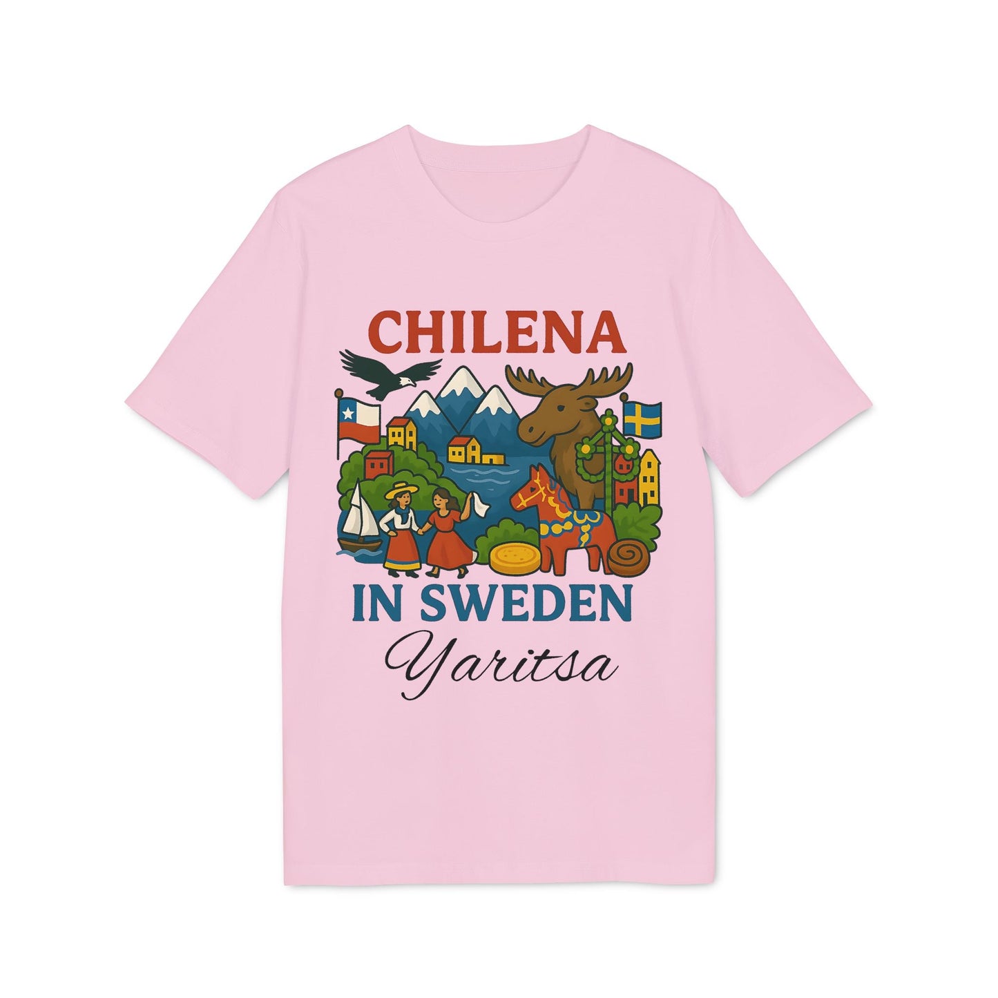 Alt Tag: Chilena Sweden Personalized With Name 100% Organic Cotton T-Shirt pink tee with “Chilena in Sweden” graphic and Yaritza name print