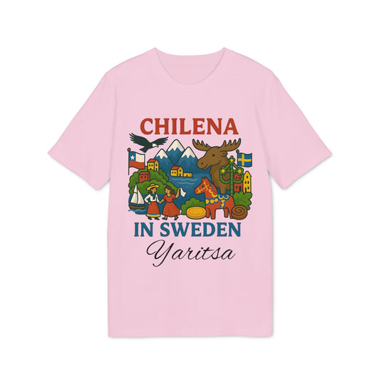 Alt Tag: Chilena Sweden Personalized With Name 100% Organic Cotton T-Shirt pink tee with “Chilena in Sweden” graphic and Yaritza name print