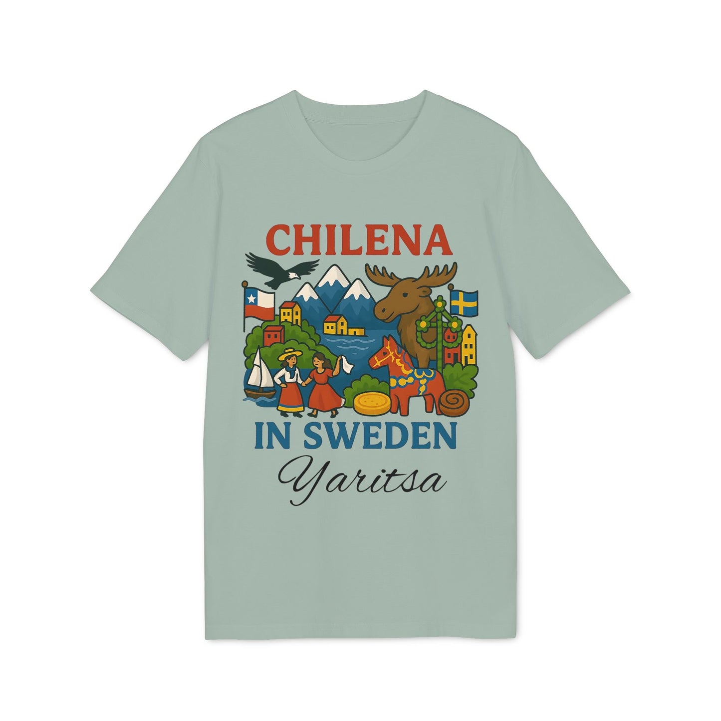Alt Tag: Chilena Sweden Personalized With Name 100% Organic Cotton T-Shirt "Chilena in Sweden" graphic tee with custom name Yaritsa