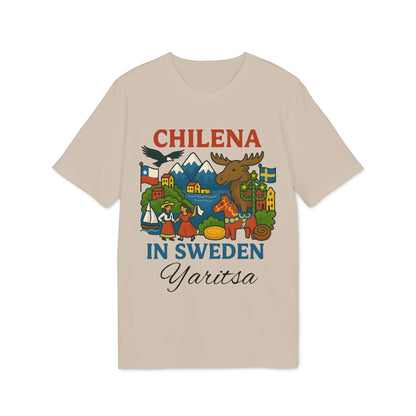 Alt Tag: Chilena Sweden Personalized With Name 100% Organic Cotton T-Shirt beige tee with “Chilena in Sweden” graphic and custom name