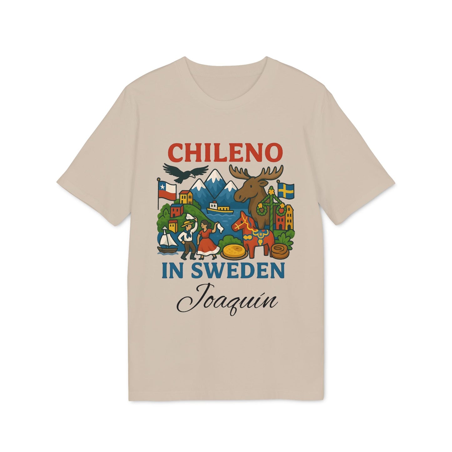 Alt Tag: Chileno Sweden Personalized With Name 100% Organic Cotton T-Shirt beige tee with Chileno in Sweden graphic and personalized name Joaquin