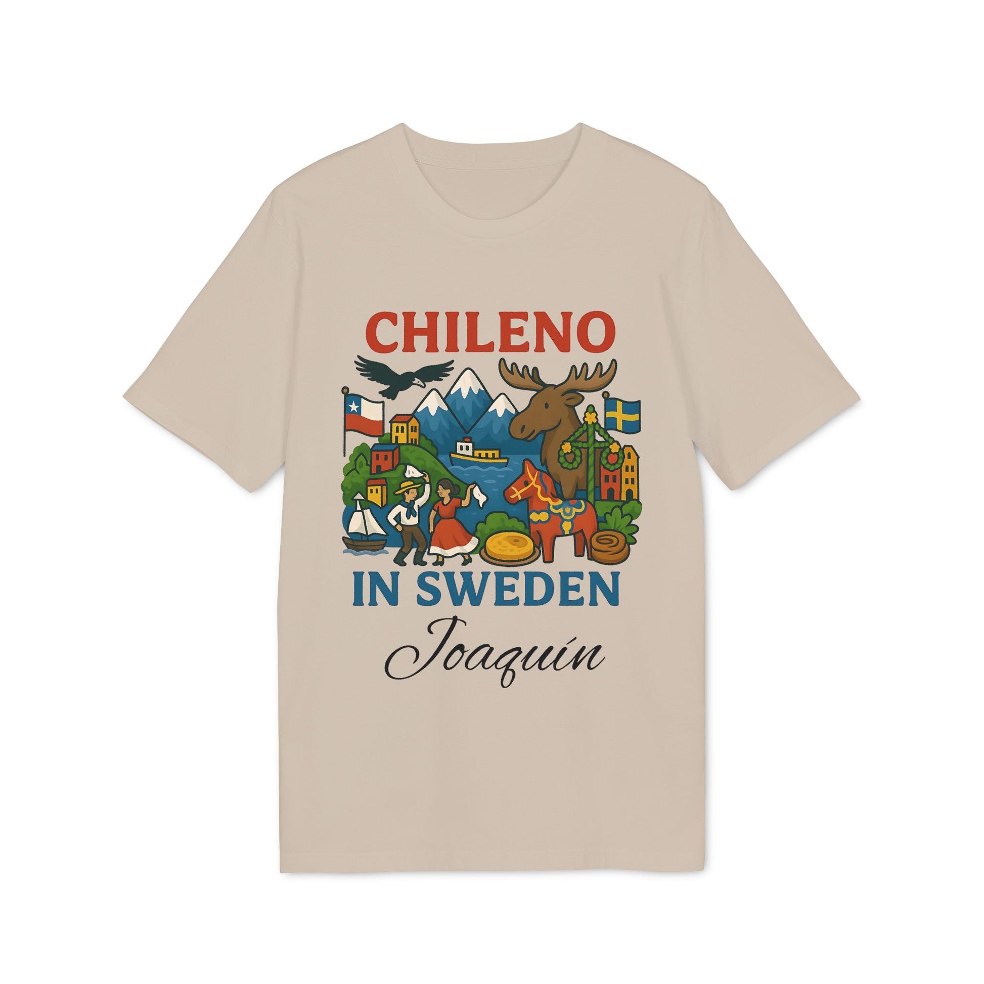 Alt Tag: Chileno Sweden Personalized With Name 100% Organic Cotton T-Shirt beige tee with Chileno in Sweden graphic and personalized name Joaquin