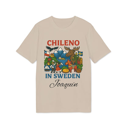 Alt Tag: Chileno Sweden Personalized With Name 100% Organic Cotton T-Shirt beige tee with Chileno in Sweden graphic and personalized name Joaquin