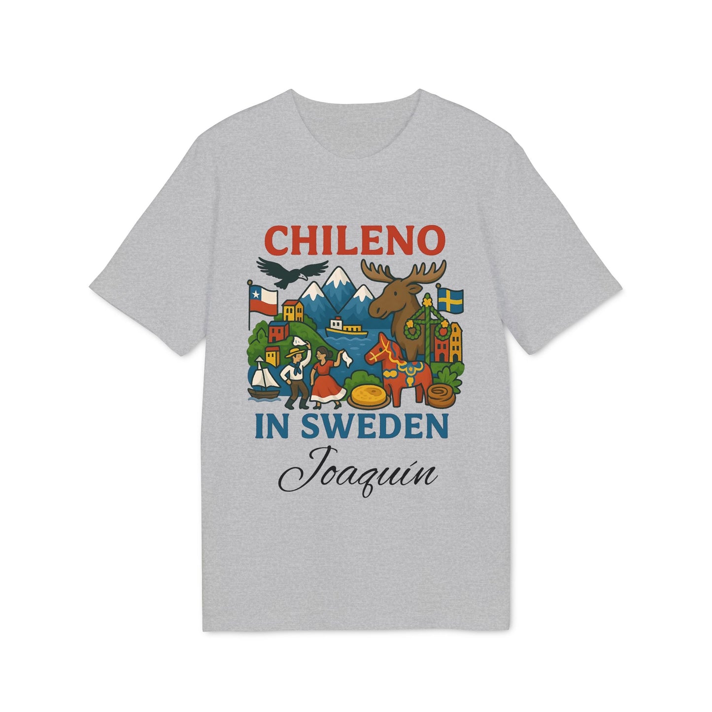 Chileno Sweden Personalized With Name 100% Organic Cotton T-Shirt, gray tee with “CHILENO IN SWEDEN” graphic and name Joaquin