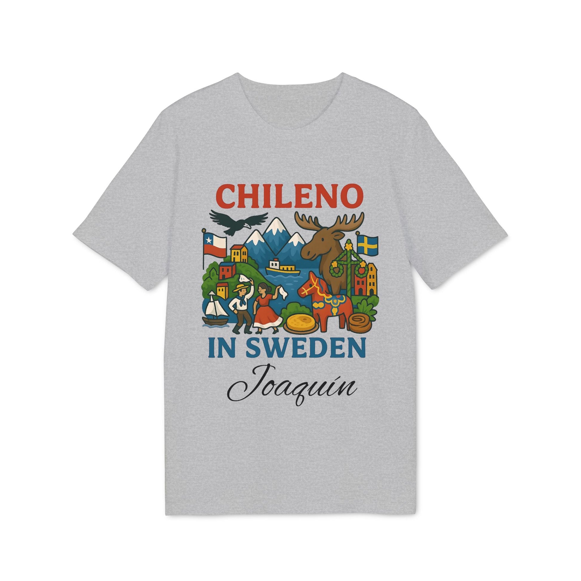Chileno Sweden Personalized With Name 100% Organic Cotton T-Shirt, gray tee with “CHILENO IN SWEDEN” graphic and name Joaquin