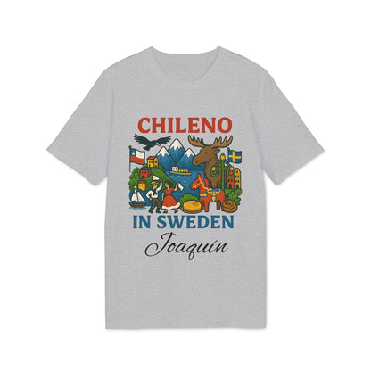 Chileno Sweden Personalized With Name 100% Organic Cotton T-Shirt, gray tee with “CHILENO IN SWEDEN” graphic and name Joaquin