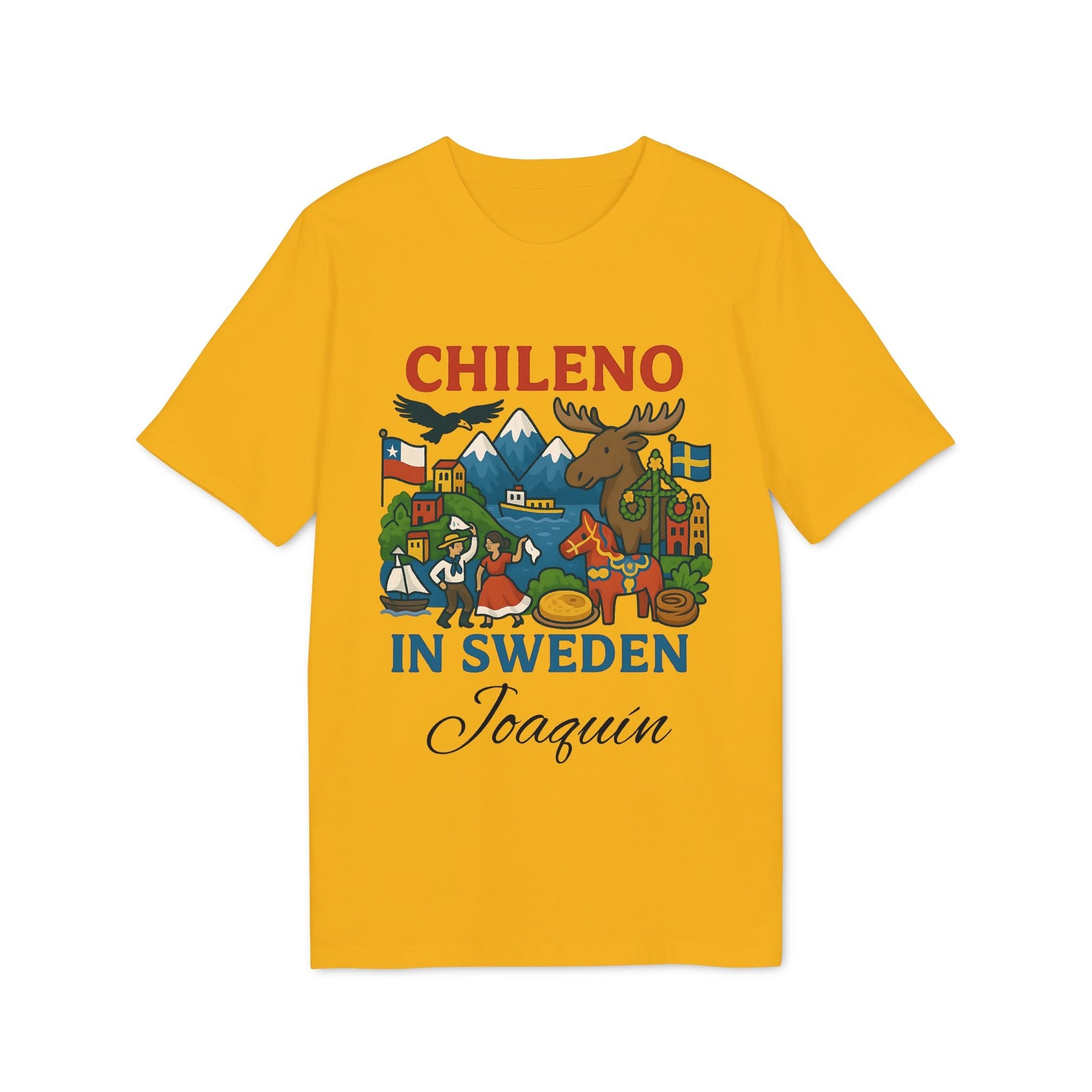 Chileno Sweden Personalized With Name 100% Organic Cotton T-Shirt yellow tee with “Chileno in Sweden” graphic and name Joaquin