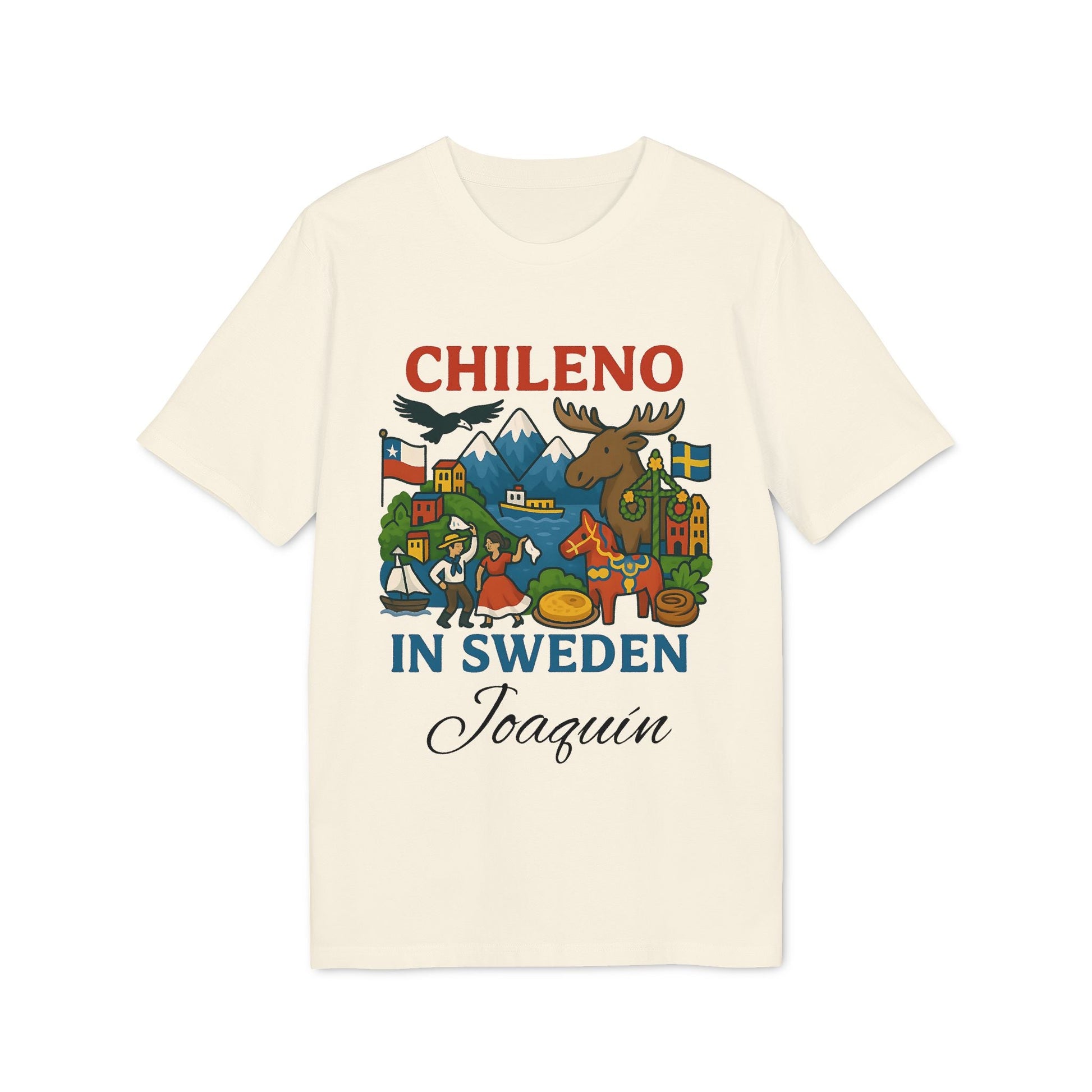 Chileno Sweden Personalized With Name 100% Organic Cotton T-Shirt, cream tee with “Chileno in Sweden” graphic and name Joaquin