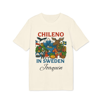 Chileno Sweden Personalized With Name 100% Organic Cotton T-Shirt, cream tee with “Chileno in Sweden” graphic and name Joaquin