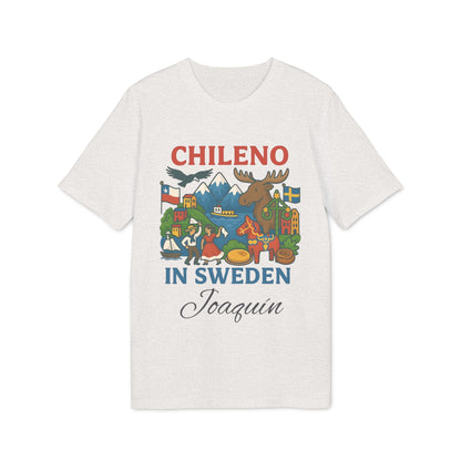 Alt Tag: Chileno Sweden Personalized With Name 100% Organic Cotton T-Shirt, "Chileno in Sweden" graphic tee with custom name Joaquin