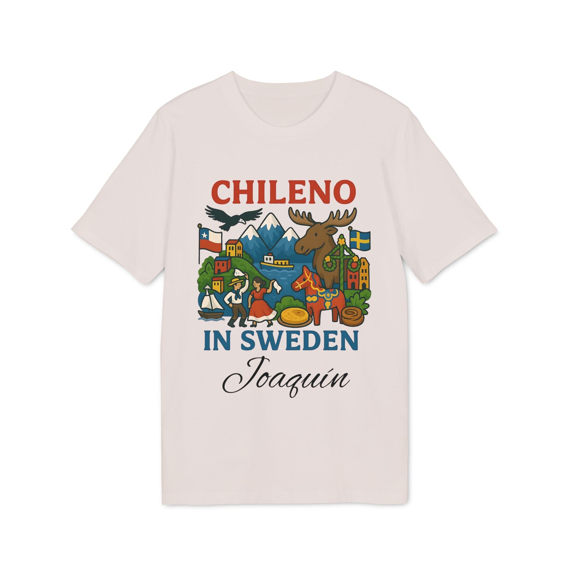 Chileno Sweden Personalized With Name 100% Organic Cotton T-Shirt with "Chileno in Sweden" graphic and custom name Joaquin