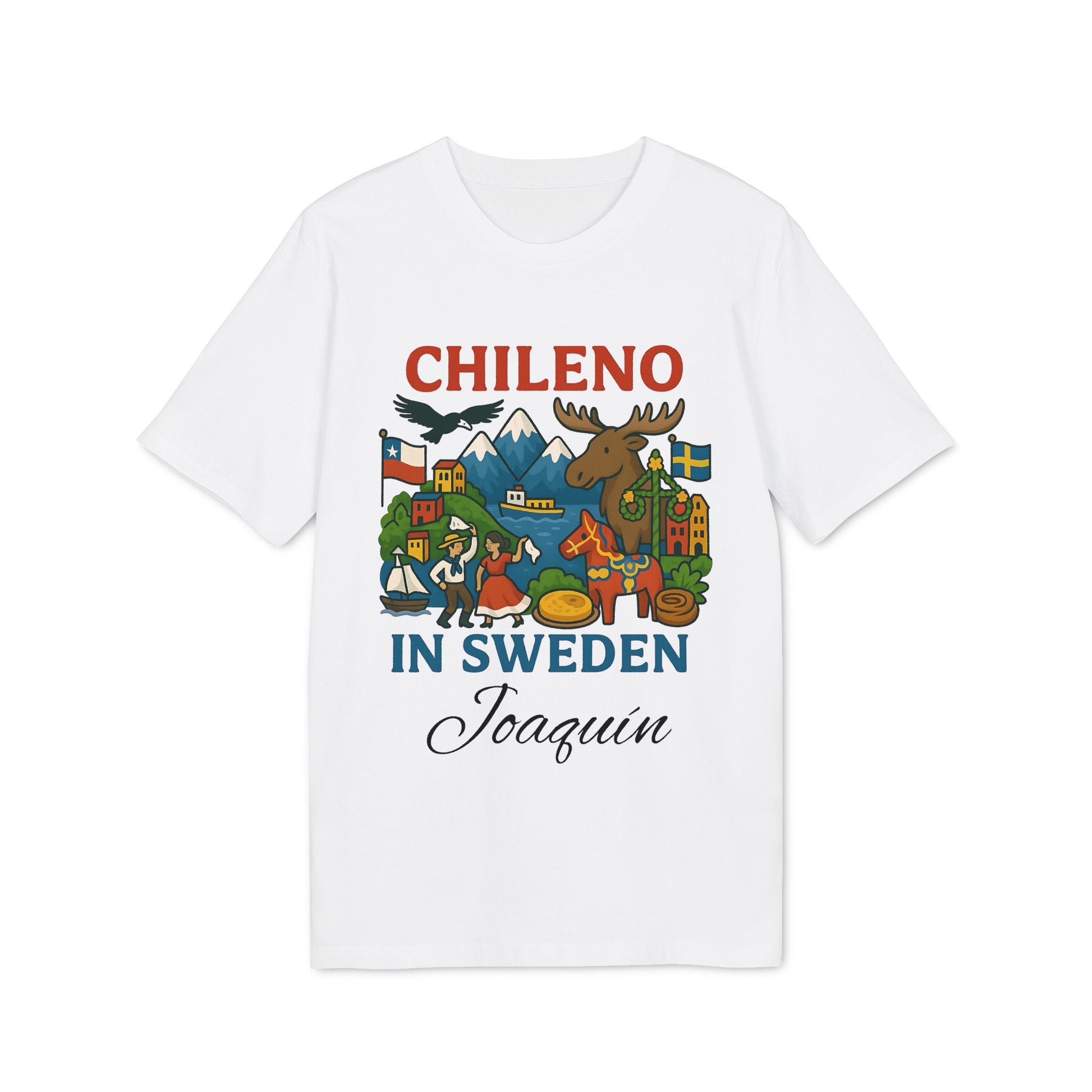 Chileno Sweden Personalized With Name 100% Organic Cotton T-Shirt, white tee with “Chileno in Sweden” graphic and name Joaquin