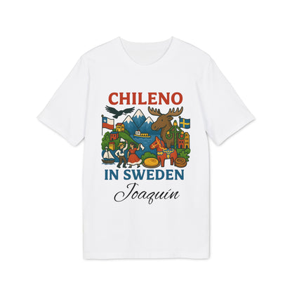Chileno Sweden Personalized With Name 100% Organic Cotton T-Shirt, white tee with “Chileno in Sweden” graphic and name Joaquin