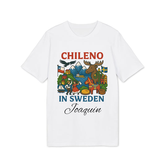 Chileno Sweden Personalized With Name 100% Organic Cotton T-Shirt, white tee with “Chileno in Sweden” graphic and name Joaquin