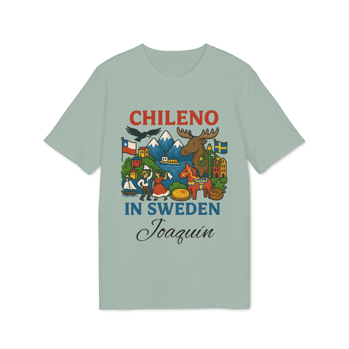 Alt Tag: Chileno Sweden Personalized With Name 100% Organic Cotton T-Shirt with CHILENO IN SWEDEN graphic and custom name Joaquin