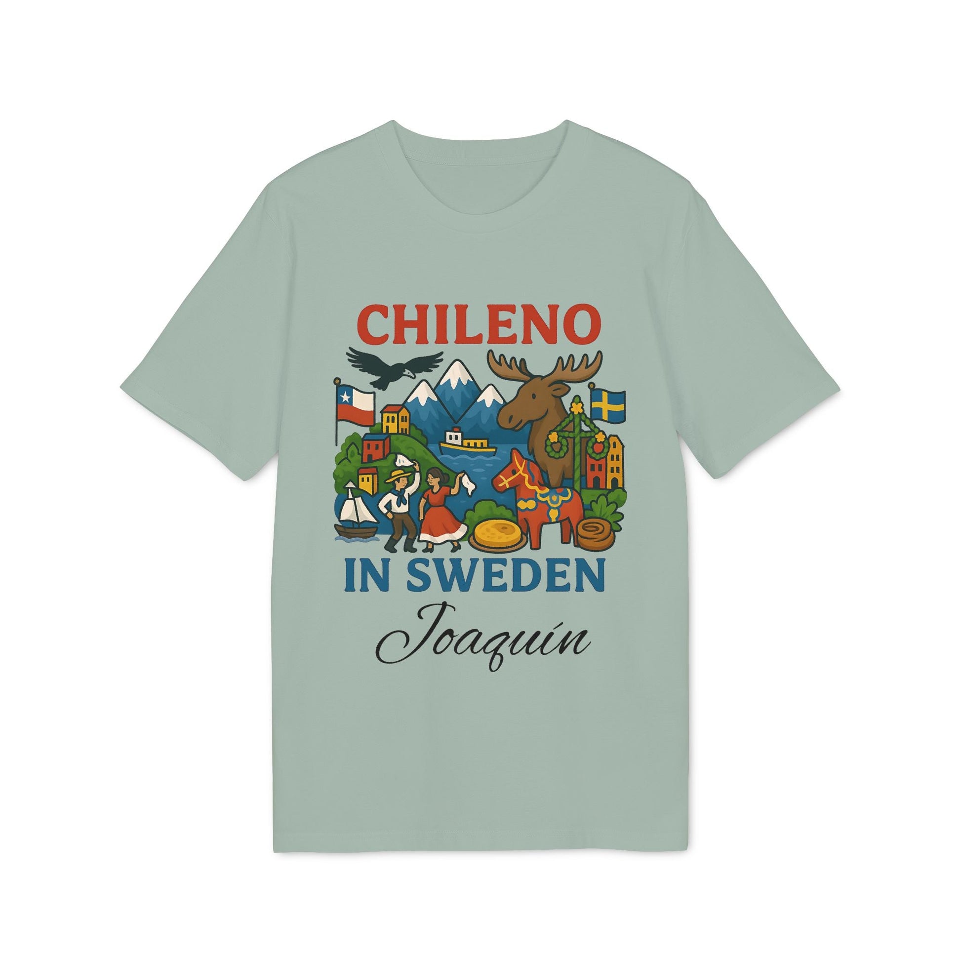 Alt Tag: Chileno Sweden Personalized With Name 100% Organic Cotton T-Shirt with CHILENO IN SWEDEN graphic and custom name Joaquin