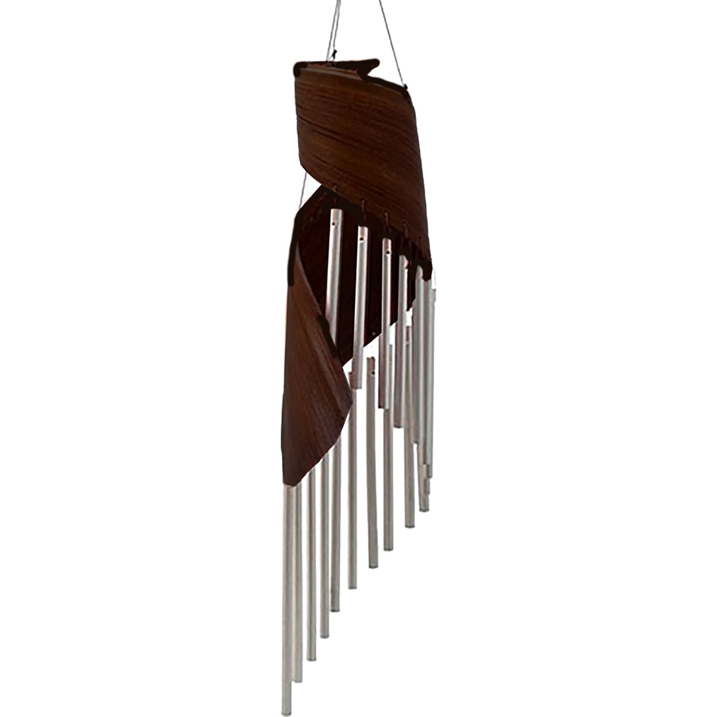 Chocolate Coconut Leaf Wind Chimes – 50x13 CM, Bali handcrafted coconut leaf wind chime with silver aluminum tubes for indoor or sheltered outdoor decor