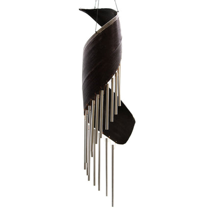 Chocolate Coconut Leaf Wind Chimes – 50x13 CM hanging wind chime with twisted chocolate-brown coconut leaf top and silver metal tubes