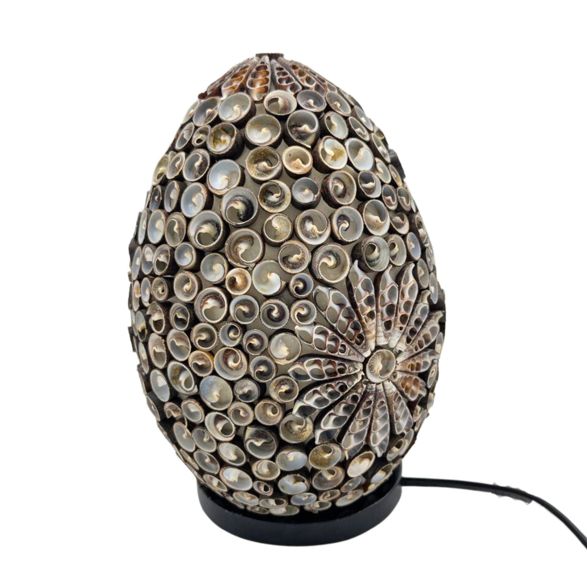 Chocolate Twist Oval Seashell Lamp – 20CM handcrafted Bali boho table lamp with real seashell mosaic, oval design on black base