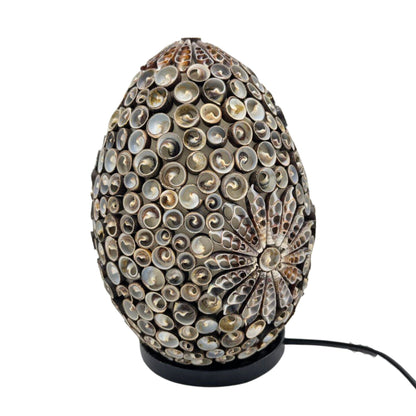 Chocolate Twist Oval Seashell Lamp – 20CM handcrafted Bali boho table lamp with real seashell mosaic, oval design on black base