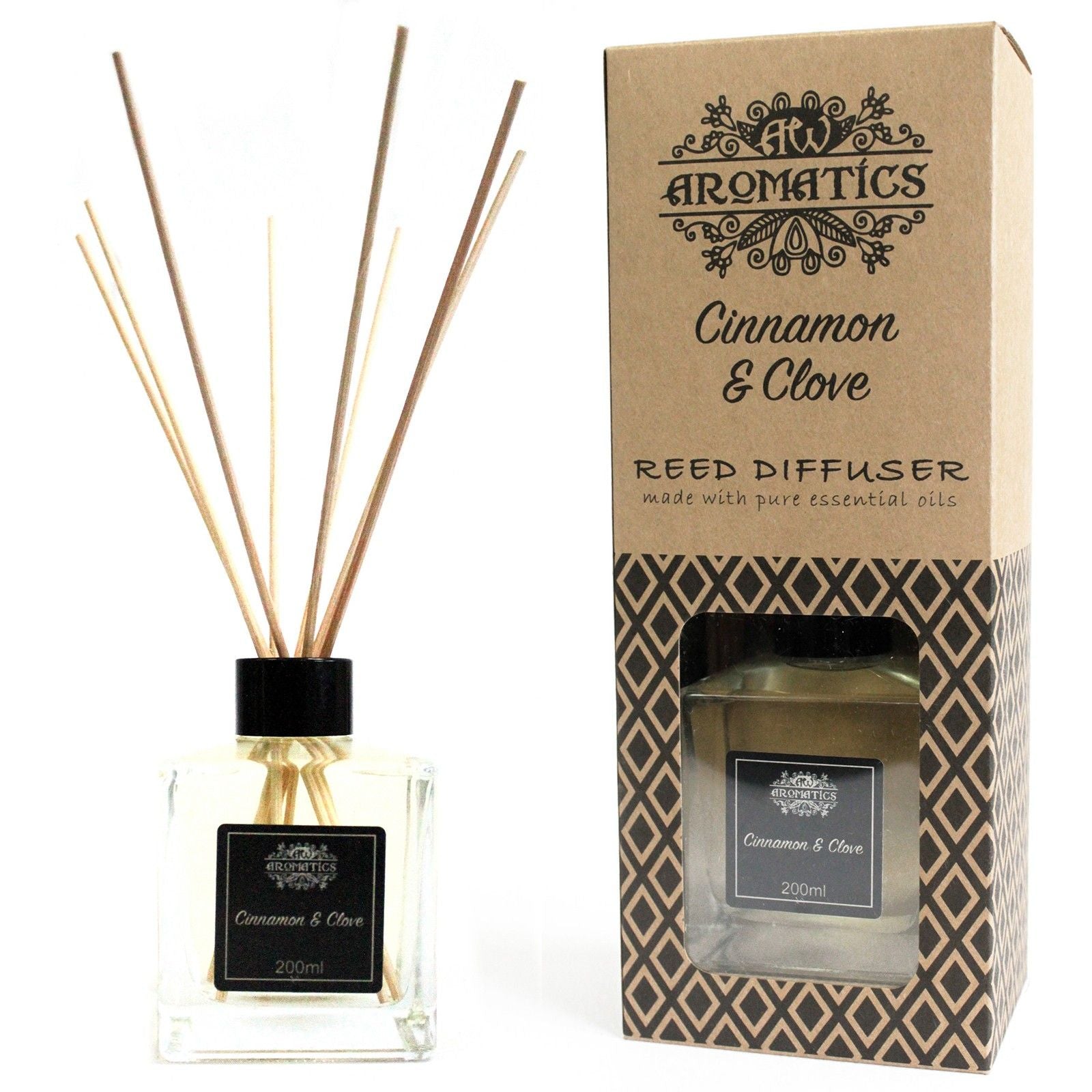 Zimt & Nelke Raumduft-Diffuser mit Rattanstäbchen – 200ML in einem Glasflakon mit Stäbchen und Aromatics-Box, würziger Duft nach Zimt und Nelke