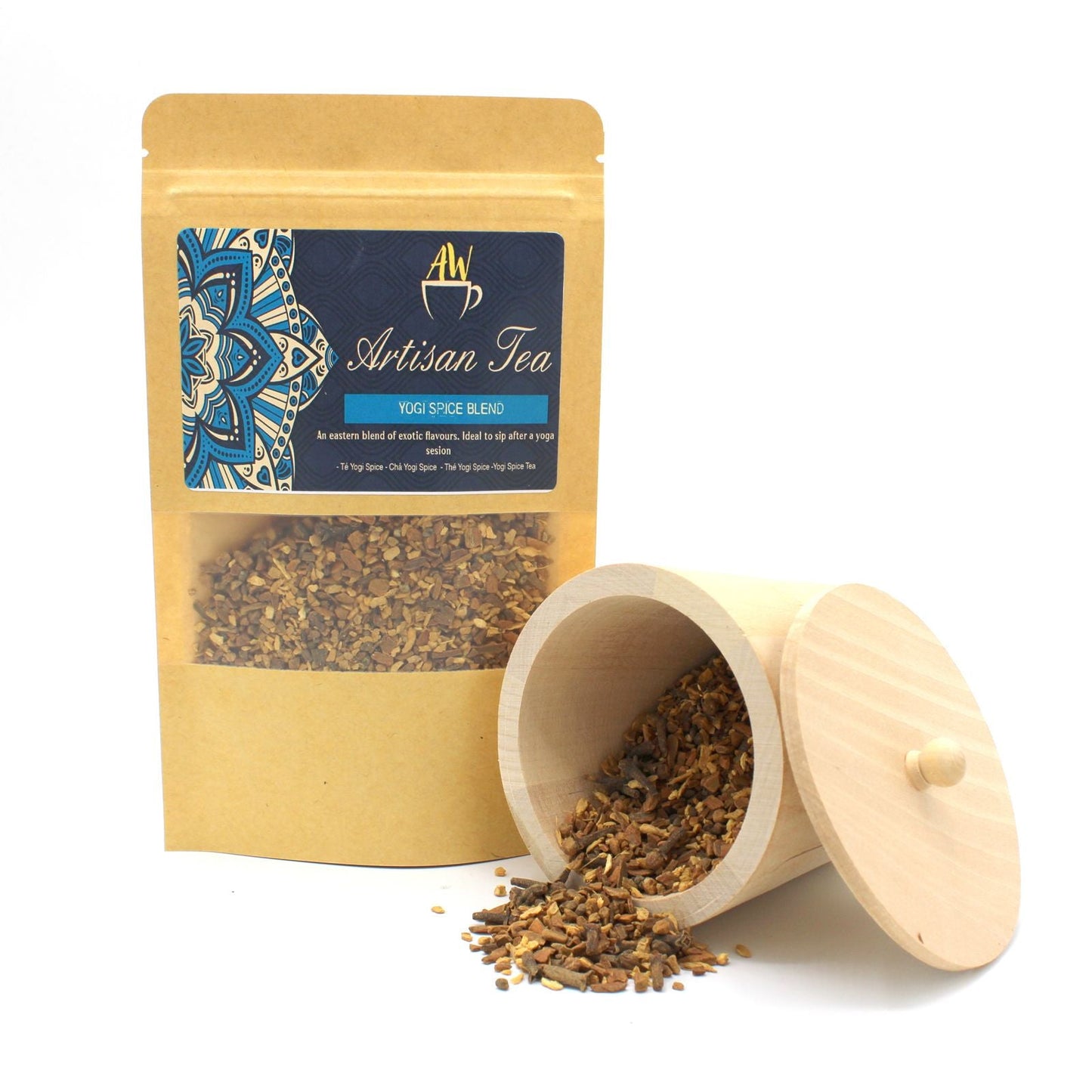 Alt Tag: Cinnamon & Ginger Tea Blend – 50G loose leaf Yogi Spice blend in kraft pouch with cinnamon, ginger, cardamom seeds & cloves