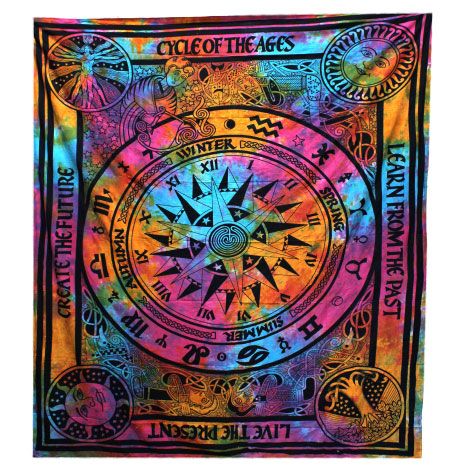 Alt Tag: Cotton Bedspread/Wall Hanging – Circle of Ages 230x200 CM colorful zodiac compass tapestry wall hanging with celestial symbols