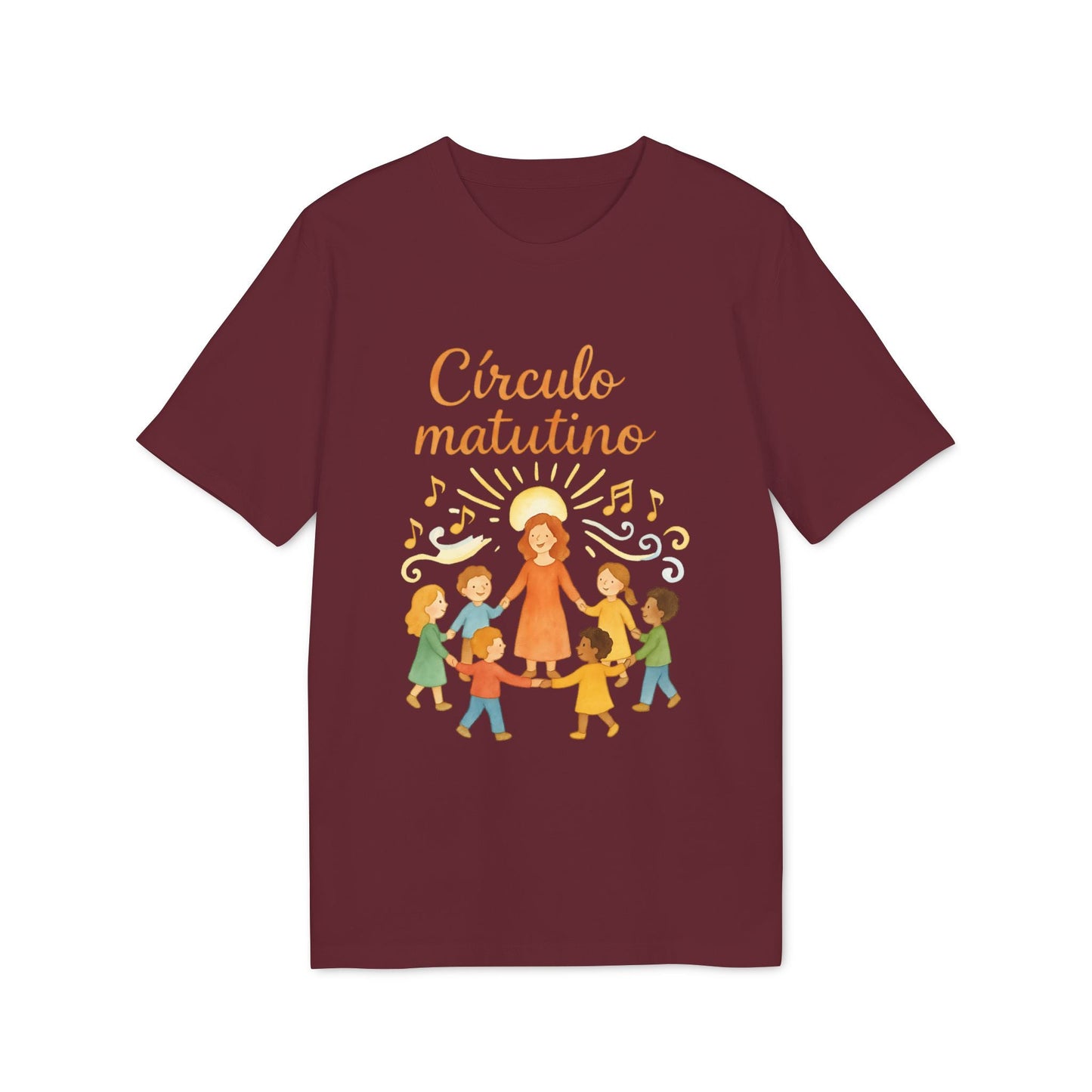 Alt Tag: Circulo Matutino Waldorf Premium Unisex T-Shirt color vino con ilustración de círculo matutino y niños cantando alrededor de una maestra