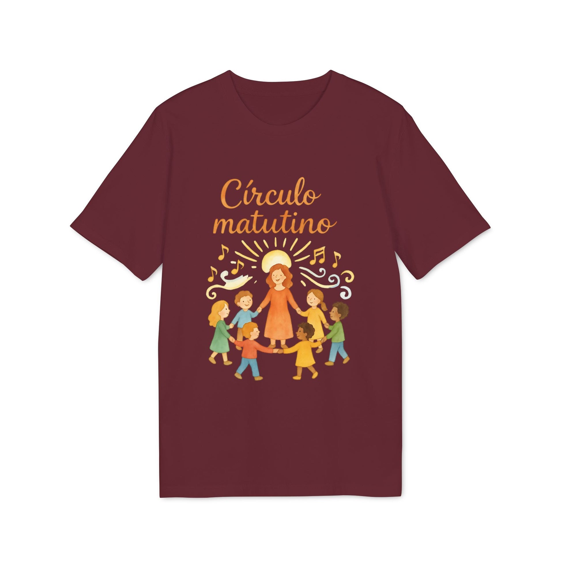 Alt Tag: Circulo Matutino Waldorf Premium Unisex T-Shirt color vino con ilustración de círculo matutino y niños cantando alrededor de una maestra