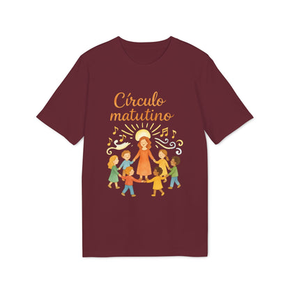 Alt Tag: Circulo Matutino Waldorf Premium Unisex T-Shirt color vino con ilustración de círculo matutino y niños cantando alrededor de una maestra