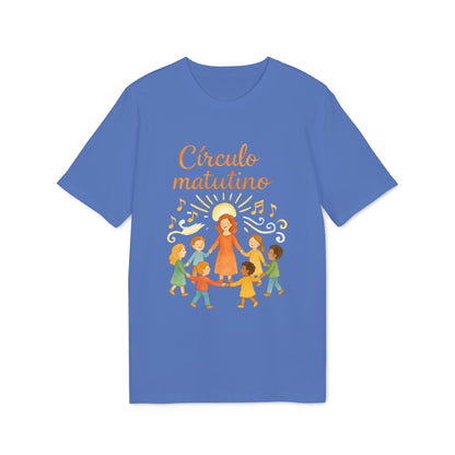 Circulo Matutino Waldorf Premium Unisex T-Shirt azul con ilustración de maestra y niños en círculo, texto “Círculo matutino” y notas musicales