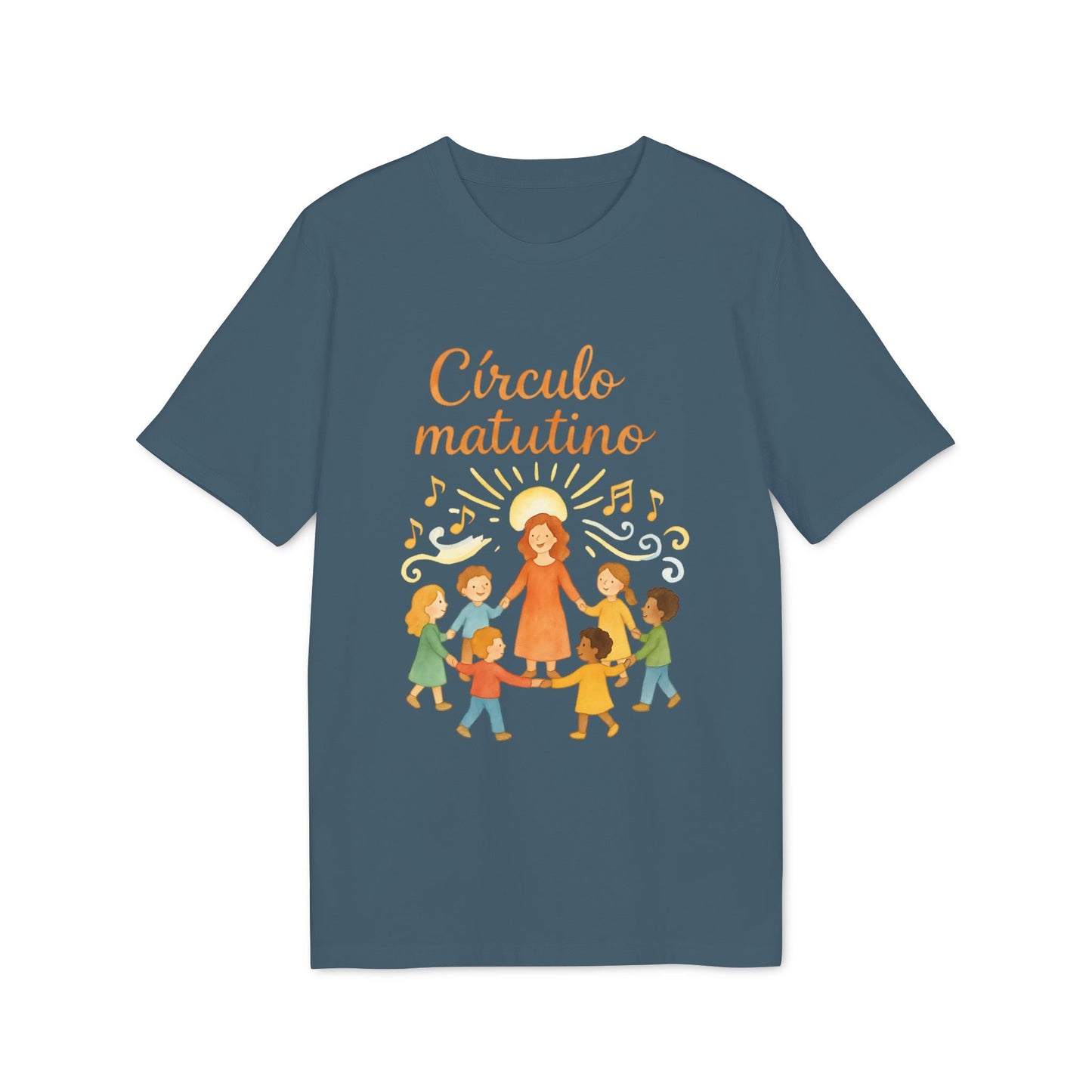 Circulo Matutino Waldorf Premium Unisex T-Shirt azul con ilustración de maestra y niños en círculo matutino y texto “Círculo matutino”