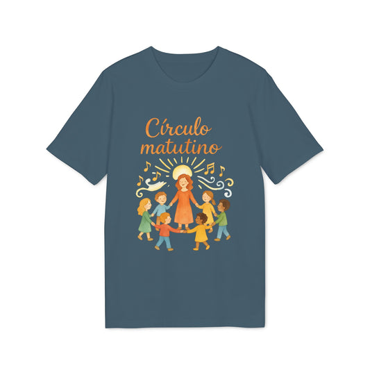 Circulo Matutino Waldorf Premium Unisex T-Shirt azul con ilustración de maestra y niños en círculo matutino y texto “Círculo matutino”